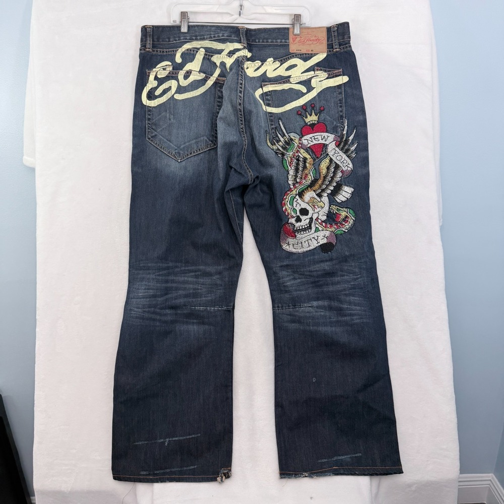 Ed Hardy Jeans Mens 42x30 Blue Skill Eagle Embroidered Rhinestone Baggy Relax